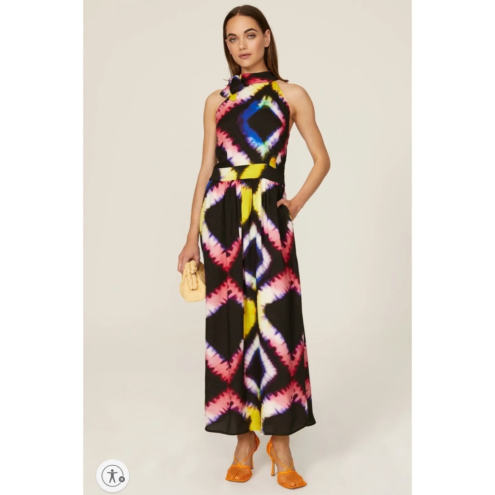 BUSAYO‎ Rainbow Tie Dye Dress Halter Sleeveless Black Maxi Watercolor Size 8
